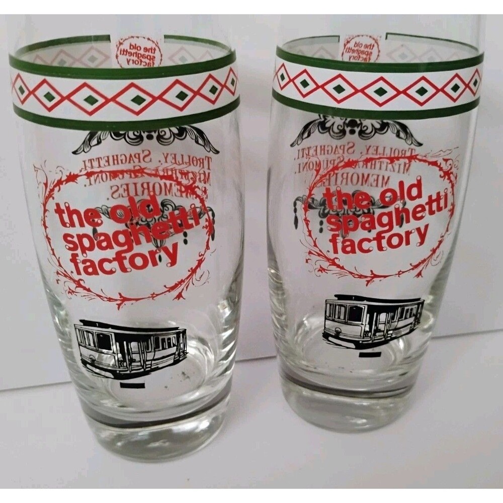 The Old Spaghetti Factory 6.5" Drink Glasses, Italian Colors & Trolley, set of 2